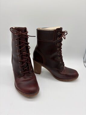 Timberland Women's Glancy lace-up burgundy leather booties sturdy heel